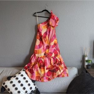 FARM Rio Pink and Orange One-Shoulder Midi Dress